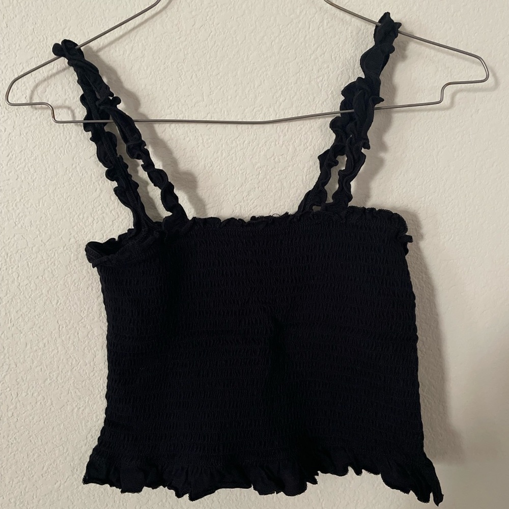 Black Smocked Ruffle Strap Top